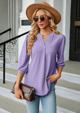 Jacquard Half Sleeve V Neck Casual Blouse